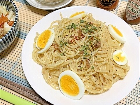 圧力鍋でできるんですアルデンテスパゲッティ玉子添え